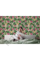 Botanik, Tropikal Çiçek ve Yaprak Desenli Duvar Kağıdı-5666