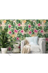 Botanik, Tropikal Çiçek ve Yaprak Desenli Duvar Kağıdı-5666