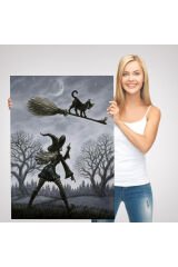 Cadı Süpürgesi ile Uçan Kara Kedi Tablosu, Witches Halloween-6353