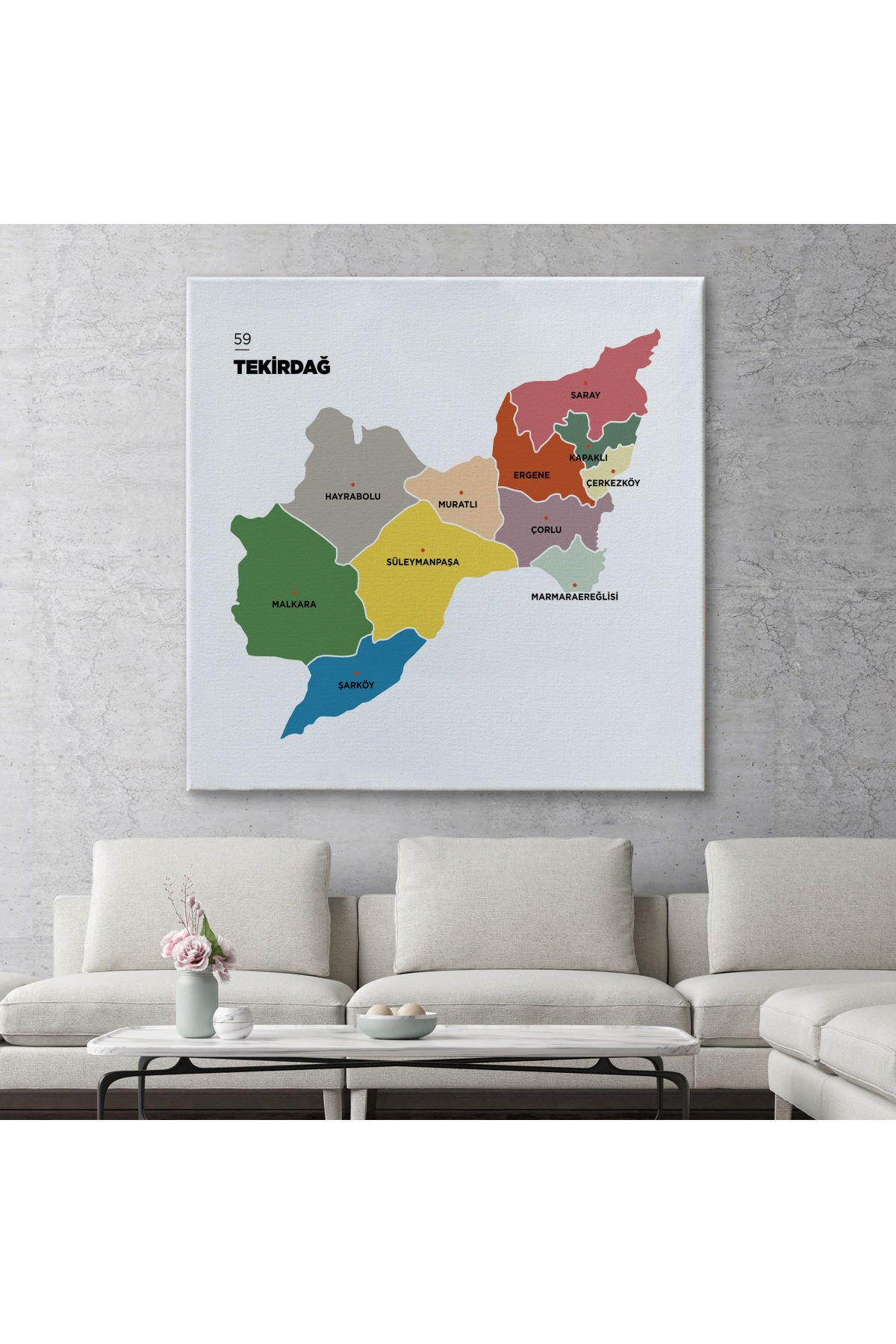 Tekirdağ İli ve İlçeler Haritası Dekoratif Kanvas Tablo 1464