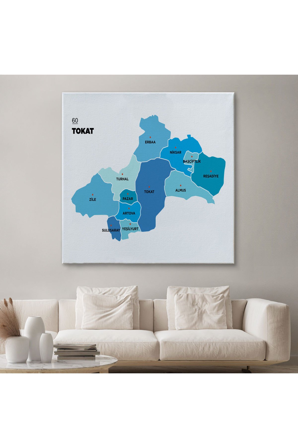 Tokat İli ve İlçeler Haritası Dekoratif Kanvas Tablo 1468